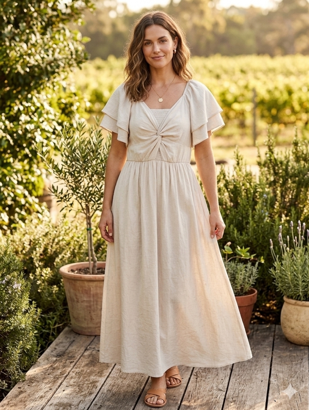 SCOMCHIC 3XL Plus Size Beige Maxi Dress - Tiered Ruffle Flutter Sleeves, Knot Fr